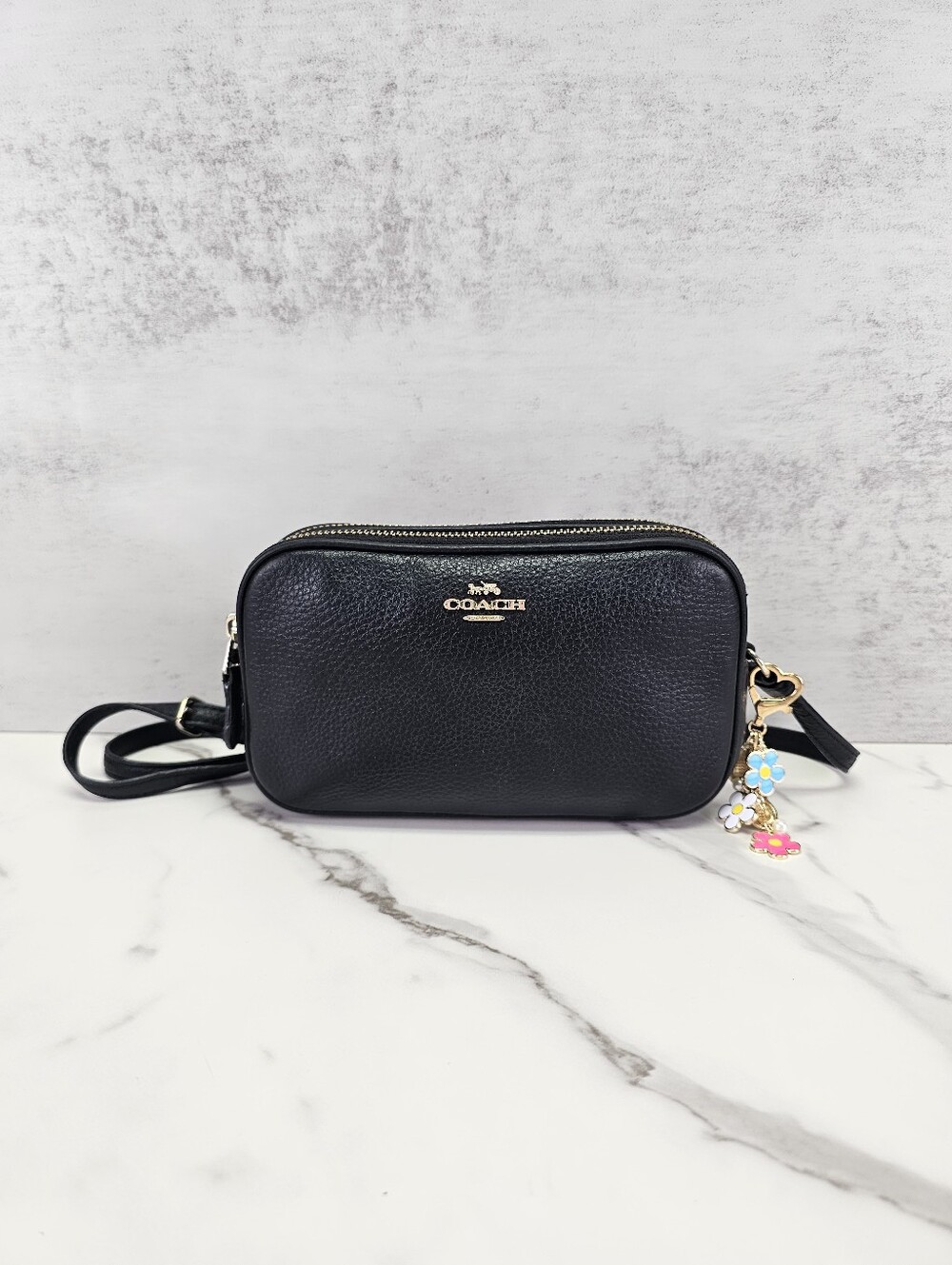 Coach Black Pebbled Leather Double Zip Crossbody Pouch - F30259